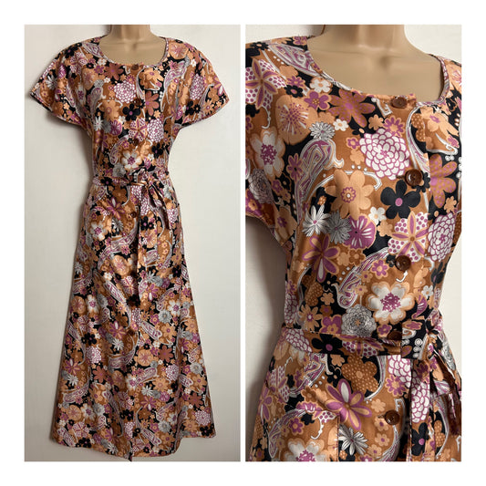 Vintage 1970s UK Size 6-8 Dusky Pink & Coral Floral Print Belted Maxi Dress