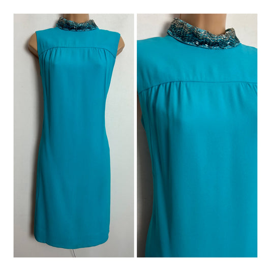 Vintage 1960s J.R THEME DRESS NEW YORK UK Size 10 Turquoise Blue Bead & Thread Detail Collar Party Mod Shift Dress