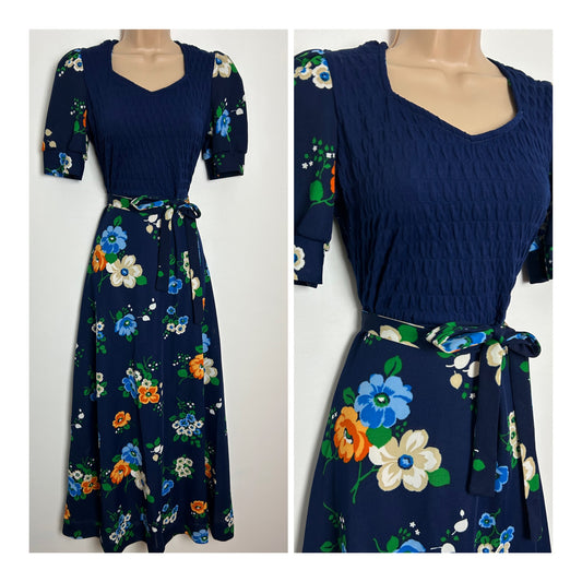 Vintage 1970s Size 8-10 Navy Blue Orange & Beige Floral Print Shirred Bodice Short Sleeve Belted Maxi Dress