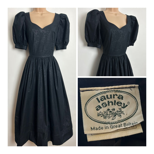 Vintage 1980s LAURA ASHLEY Size 10 (Size 14 On Label) Black Floral Embossed Ball Gown Midi Dress