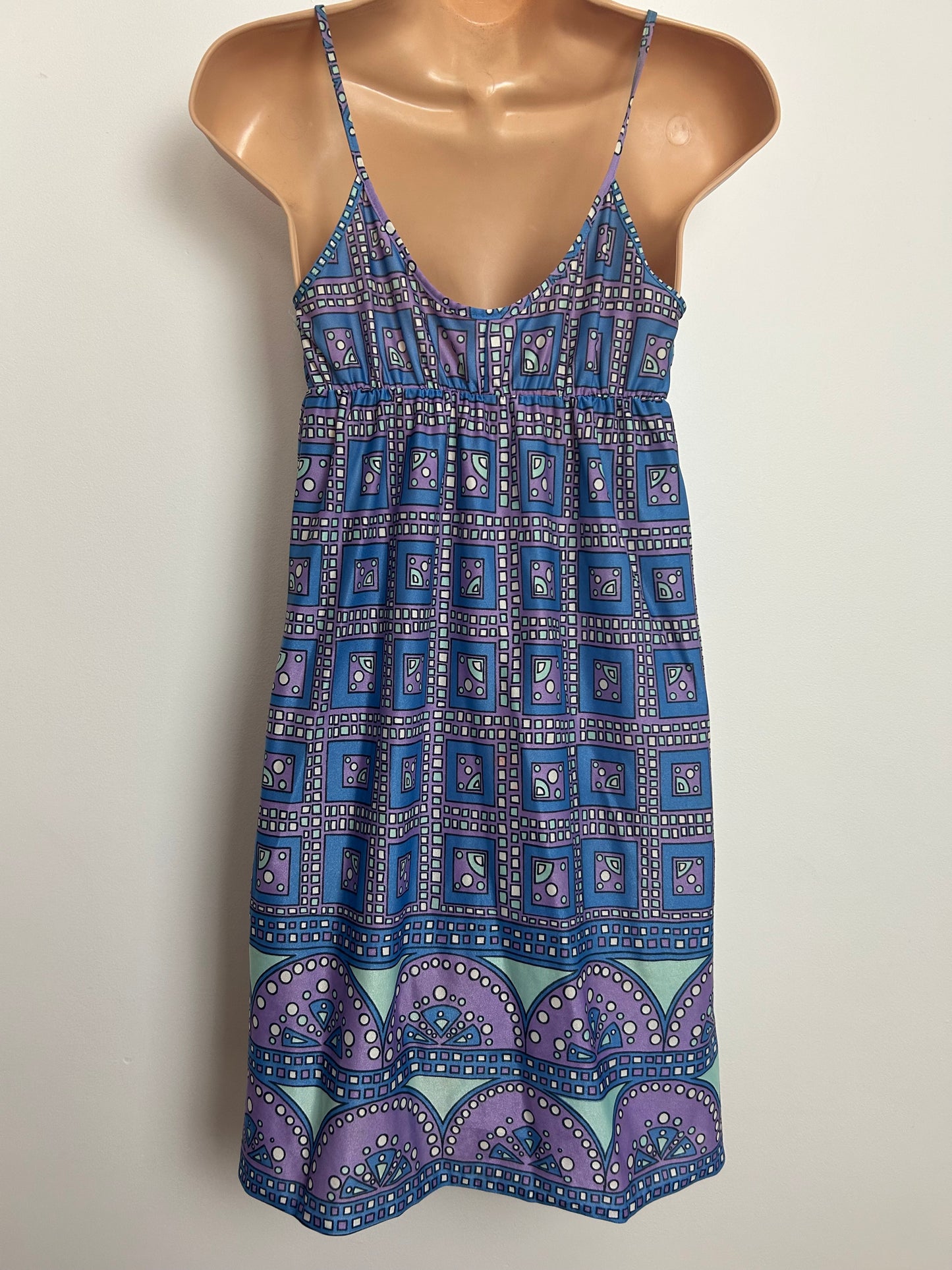 Vintage 1970s PIPPA DEE Size 8 Blue Lilac & Mint Green Geo Print Summer Sun Dress