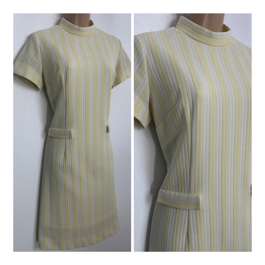 Vintage 1960s RODNEY DRESSES Size 12 Lemon & White Stripe Print Crimplene Mod Shift Dress