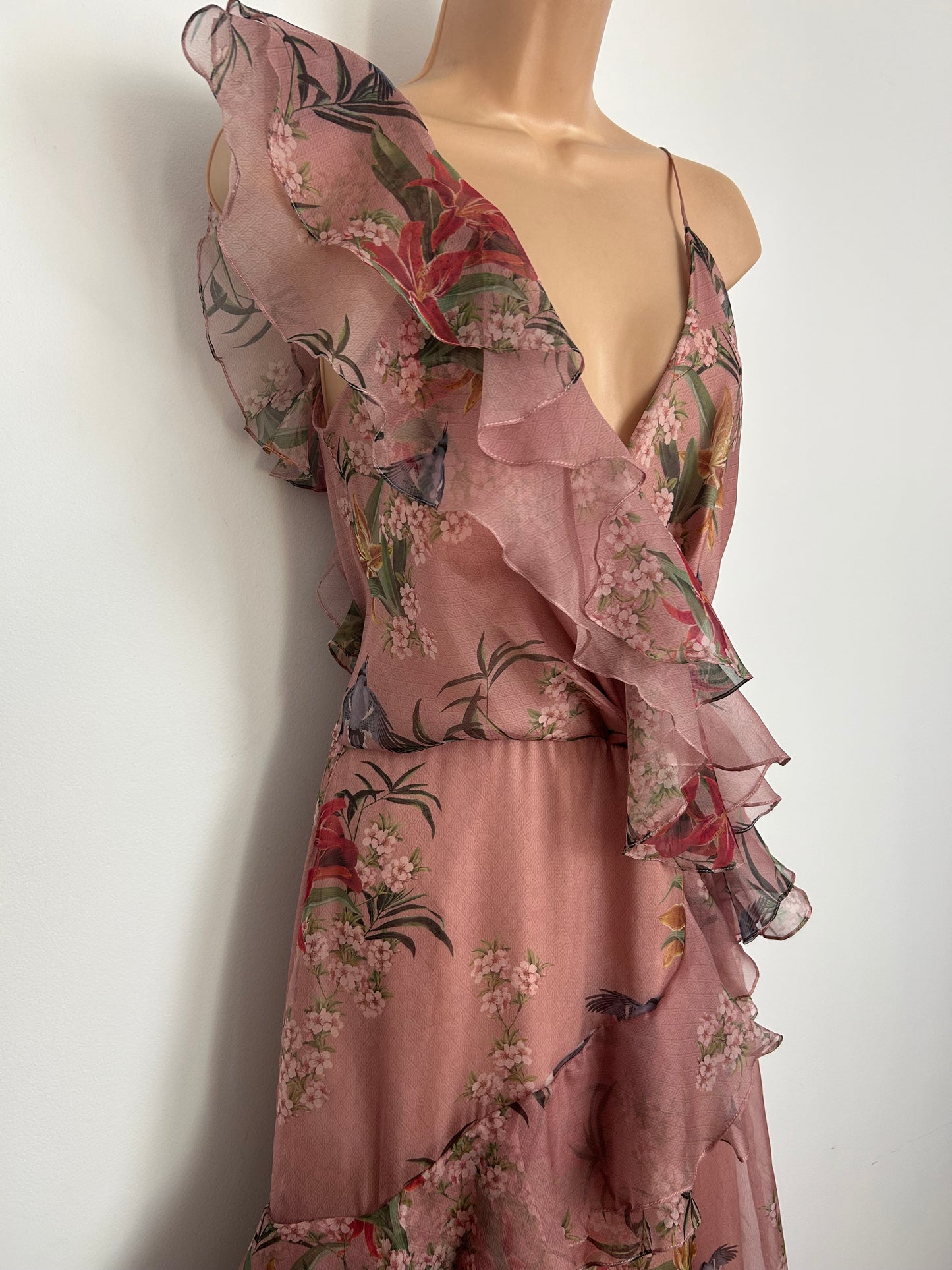 Designer JOHANNE ORTIZ Size 10 (US 6) Pale Pink Floral & Bird Print 100% Silk Ruffle Trim "The Place Of Silent Dress Occasion Maxi Dress