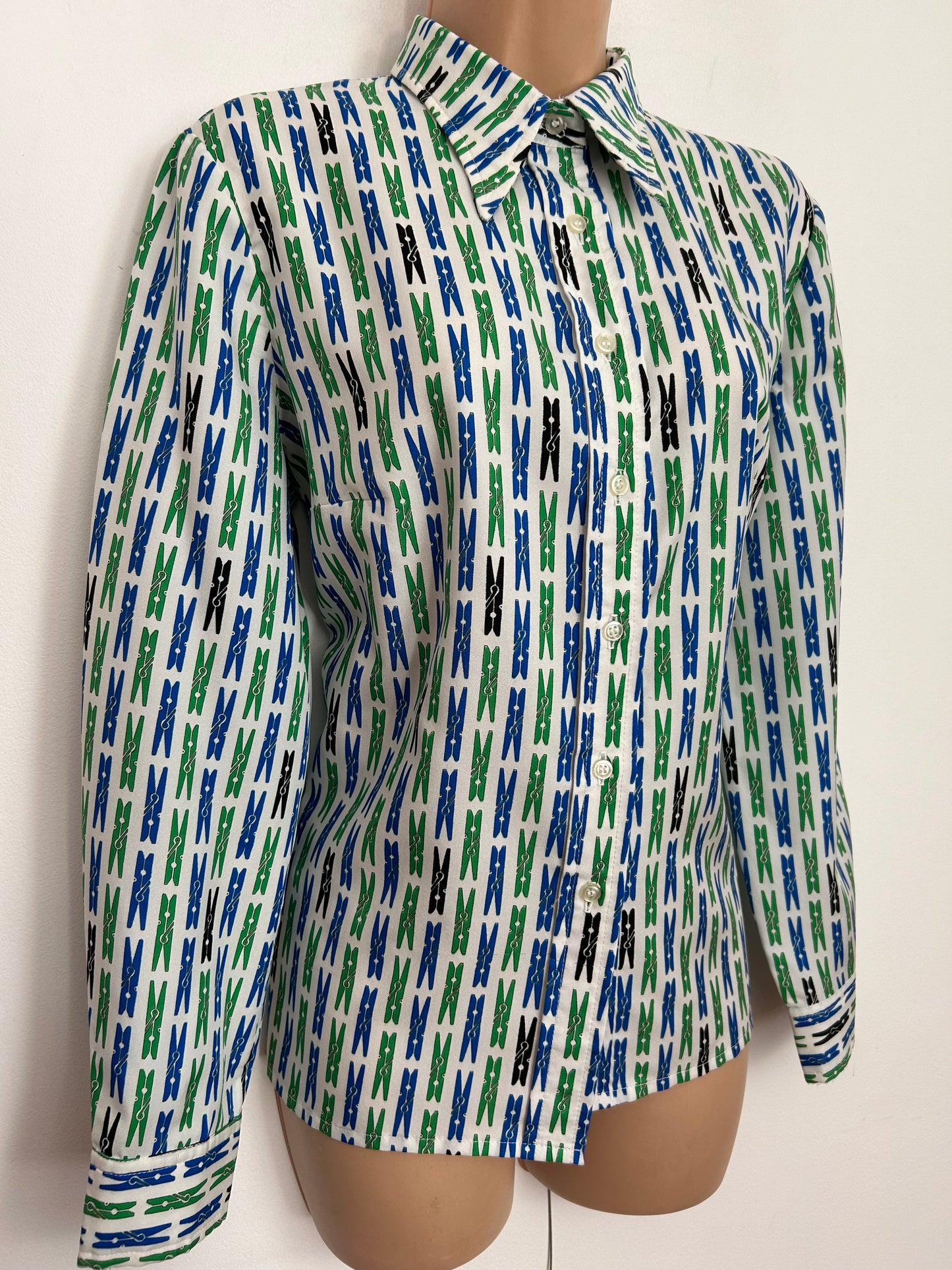 Vintage 1970s PAUL MAUSNER UK Size 14 White Blue Green & Black Peg Novelty Print Long Sleeve Shirt