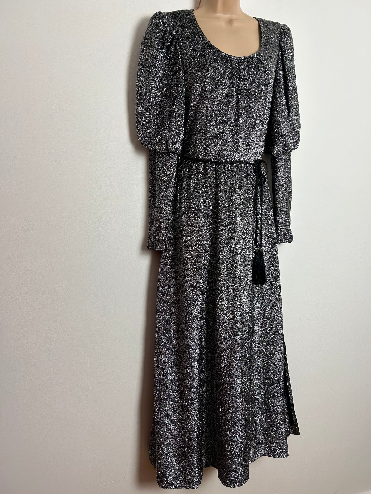 Vintage 1970s UK Size 8 Silver Glittery Lurex Long Juliet Sleeve Belted Party Evening Maxi Dress