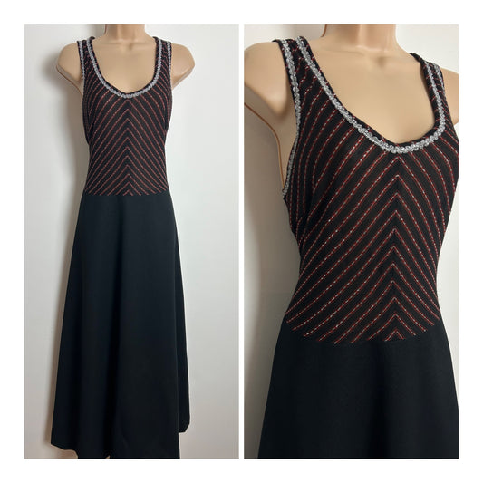 Vintage 1970s Size 14 Black Red & Silver Stripe Braid Trim Evening Party Maxi Dress