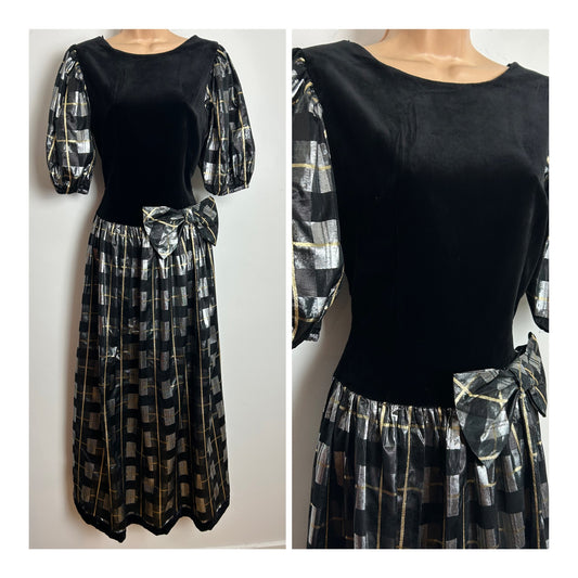 Vintage 1980s AUGUSTAT Size 8 Black Silver & Gold Velvet & Taffeta Bow Detail Evening Occasion Maxi Dress