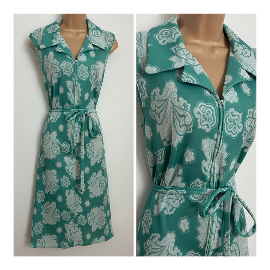 Vintage 1970s Size 14 Mint Green & White Floral Print Sleeveless Zip Fronted Belted Day Dress
