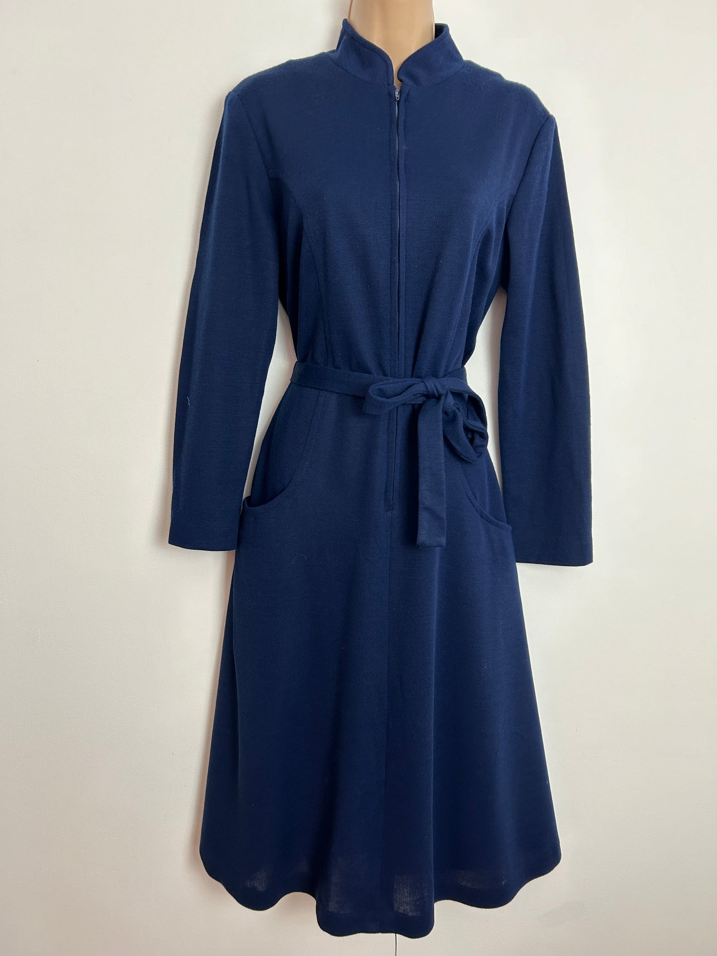 Vintage 1970s SELFRIDGES LONDON UK Size 14 Navy Blue Long Sleeve Zip Fronted Belted Day Dress