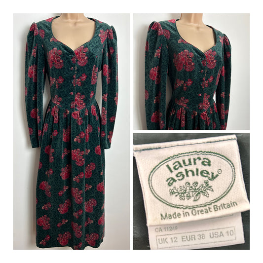 Vintage 1980s LAURA ASHLEY Size 10 (Size 12 On Label) Bottle Green & Red Floral Print Velvet Midi Dress