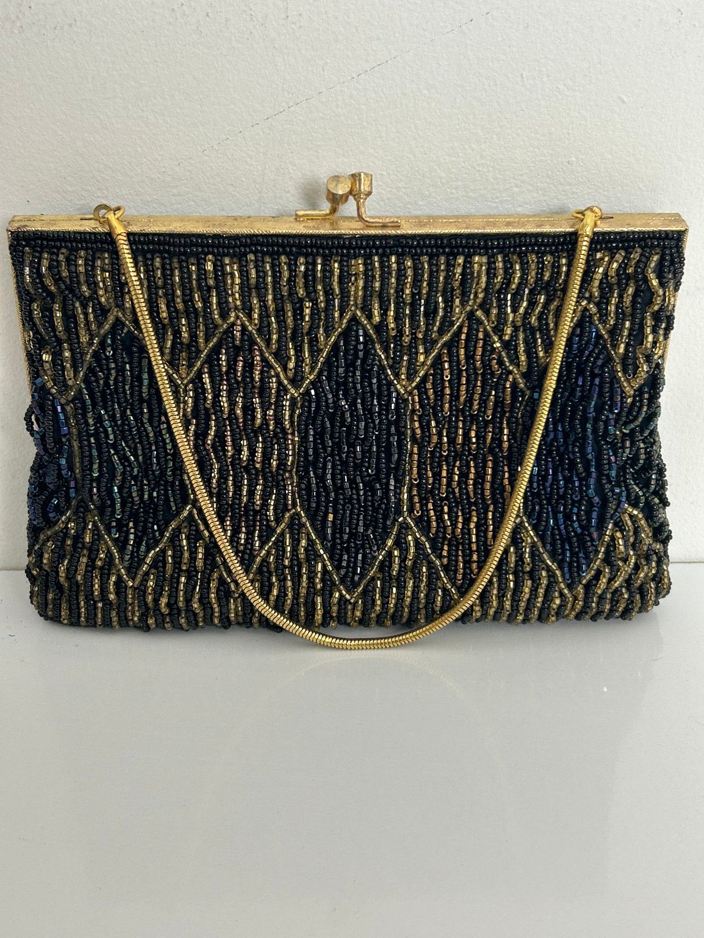 Vintage 1960s Handmade In Hong Kong Small Beaded Evening Bag With Snake Chain Handle