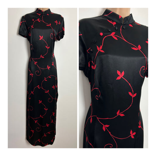 Vintage 90s Y2K UK Size 12 Black & Red Leaf Print Silky Feel Cheongsam Style Maxi Dress