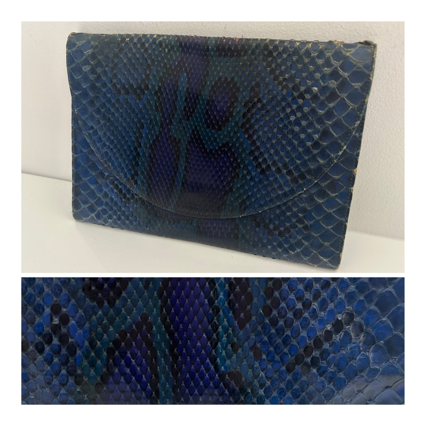 Vintage 1980s Dark Blue Tones Snake Skin Leather Clutch Or Shoulder Bag