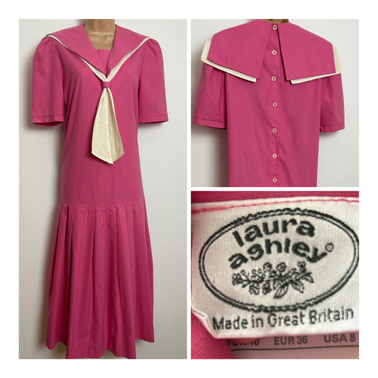 Vintage 1980s LAURA ASHLEY Size 10 Candy Pink Sailor Collar Button Back Pleated Drop Waist Day Dress