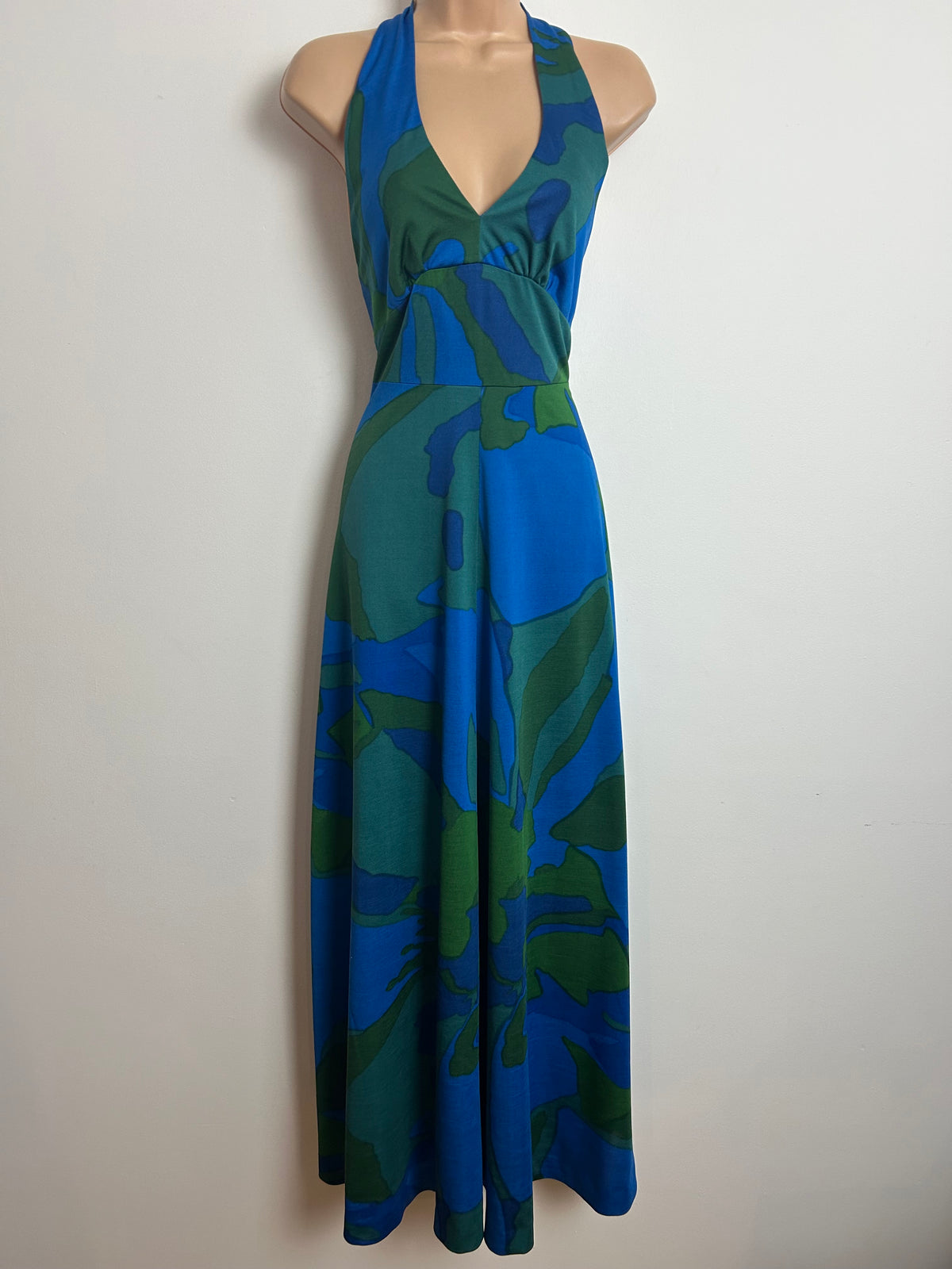 Vintage 1970s Size 6 BERNAT KELIN Blue & Green Abstract Print Halter Maxi Dress (Unlabelled)