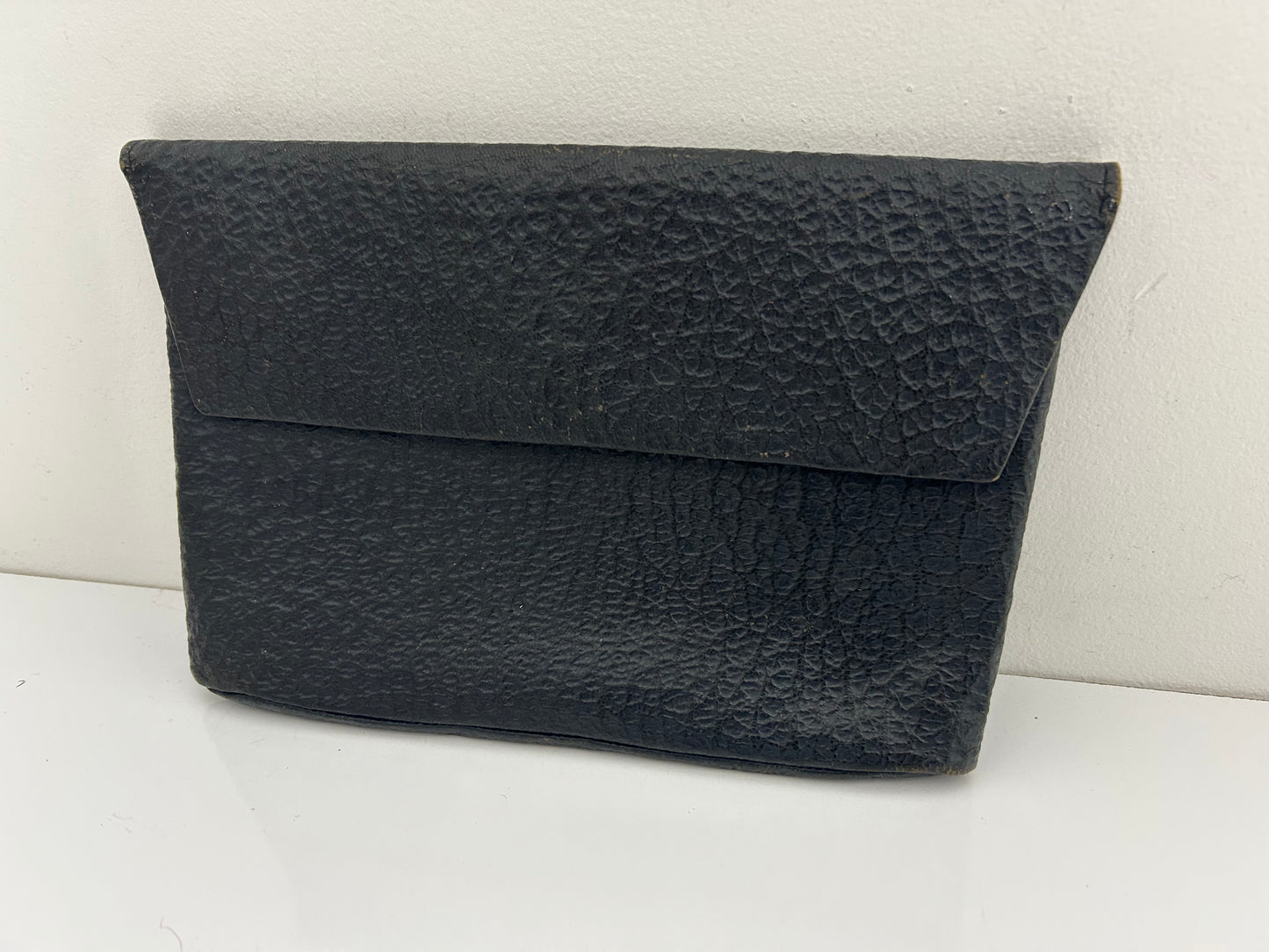 Vintage Late 1940s Black Textured Leather Flap Fastening Finger Strap Clutch Bag