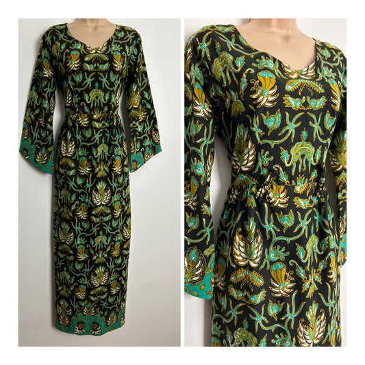 Vintage 1970s UK Size 12 Black  Turquoise Green & Tan Brown African Wax Print Cotton Maxi Dress