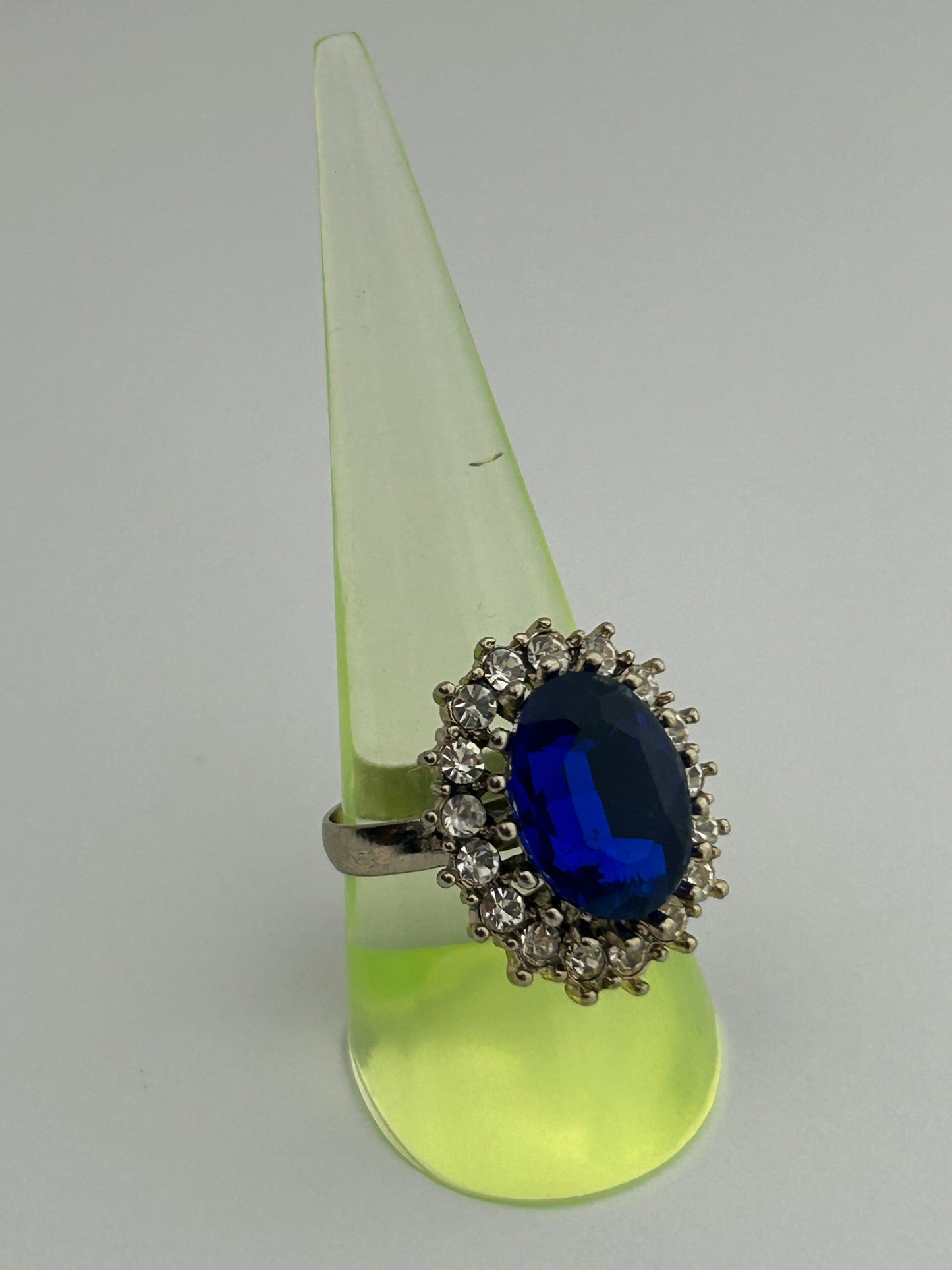 Vintage Blue Glass & Diamante Rhinestone Set Cocktail Ring Size P