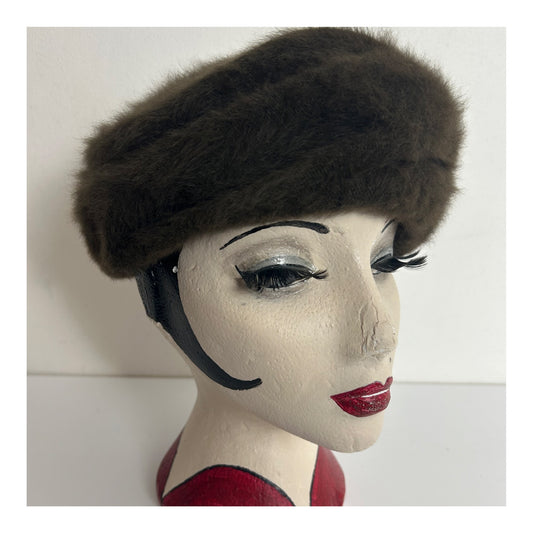 Vintage 1960s Moss Green Angora Mix Pill Box Style Hat