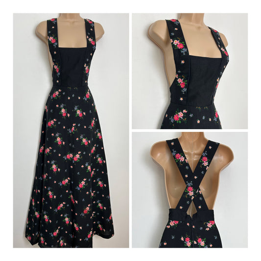 Vintage 1970s Size 6 Black & Pink Floral Print Pinafore Cross Strap Festival Maxi Dress