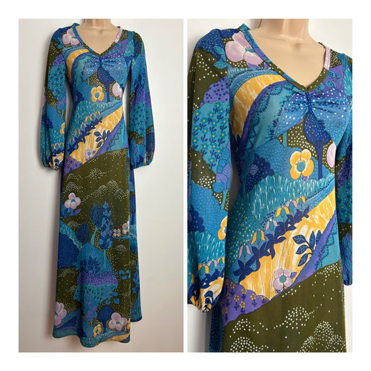 Vintage 1970s Size 6-8 Cute Blue Yellow & Pink Floral Print Long Sleeve Maxi Dress