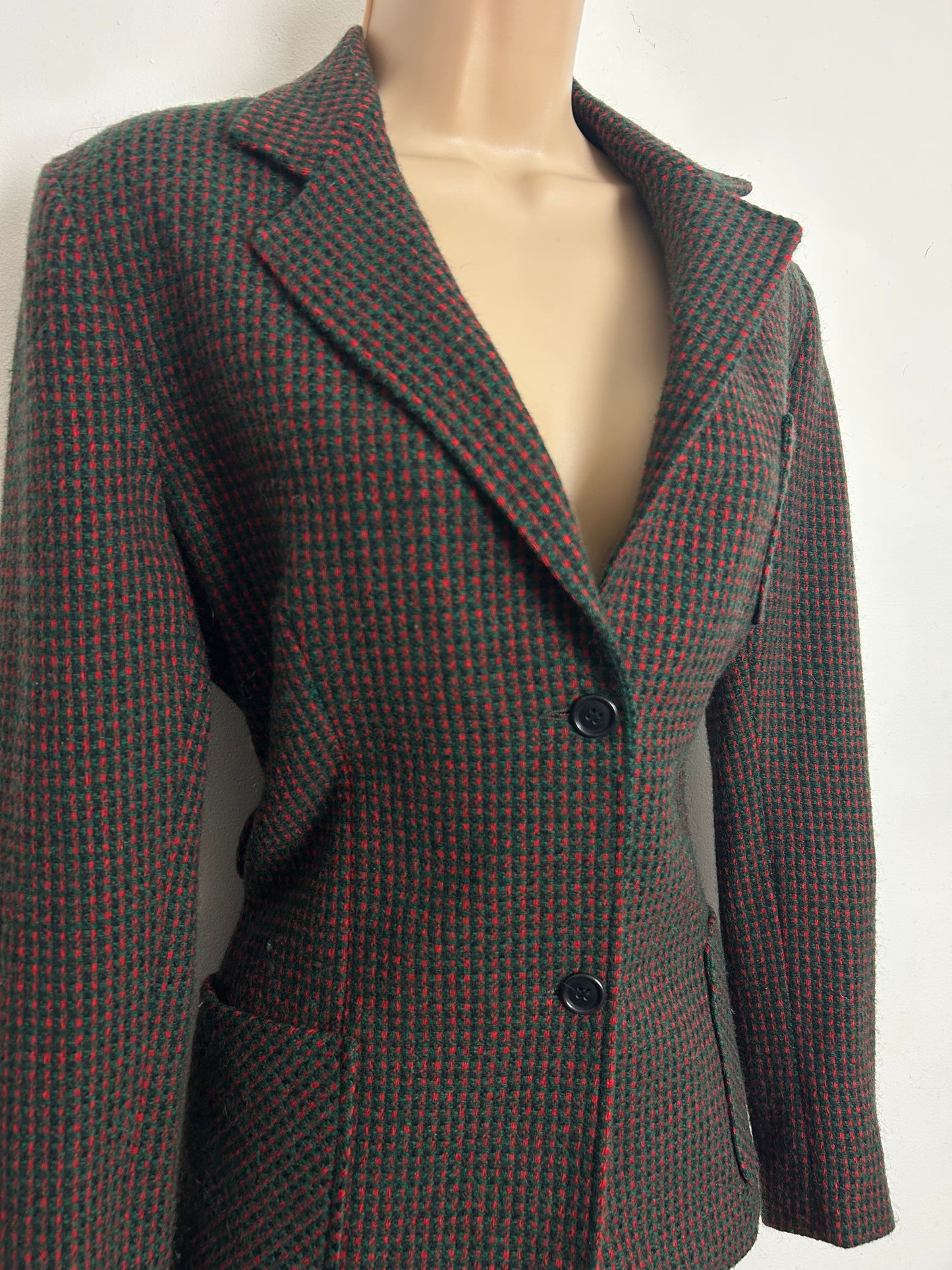 Vintage Late 70s/Early 80s YOUNG TRADITIONS Size 10-12 Dark Green & Red Tweed Check Wool Mix Blazer