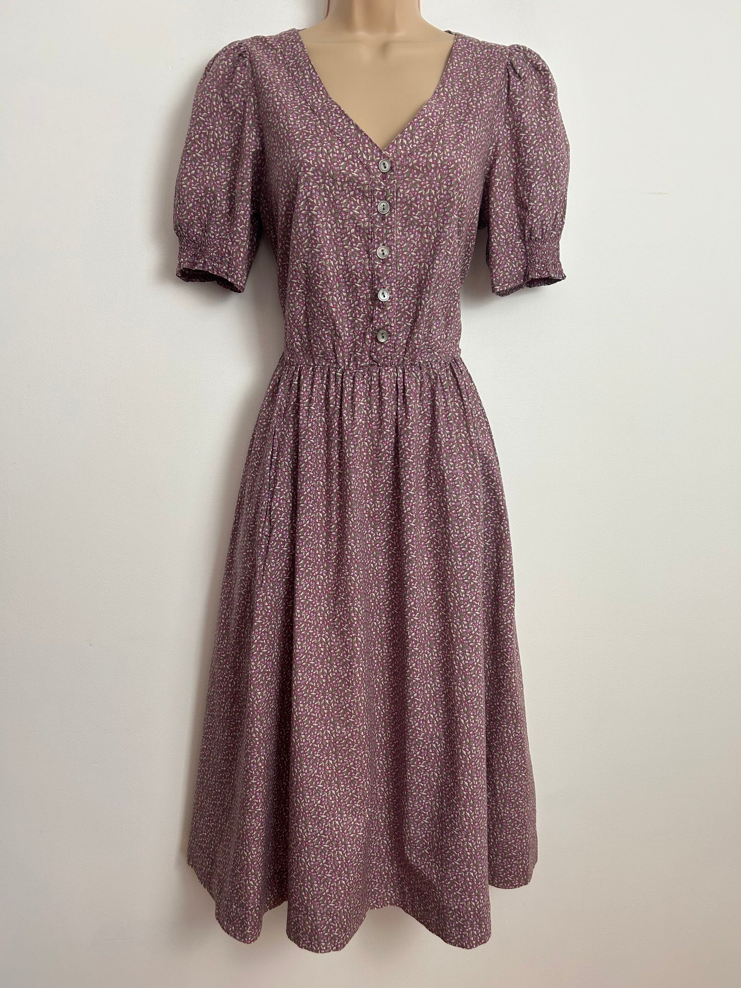 Vintage 1980s LAURA ASHLEY Size 10 (Size 14 On Label) Dark Dusky Pink Ditsy Floral Print Cotton Tea Dress