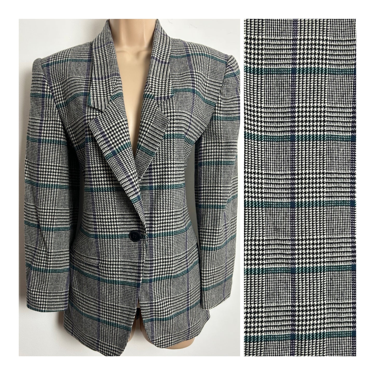 Vintage 1980s REQUIREMENTS Size 12 Black Grey & White Check Print Blazer With Velvet Collar