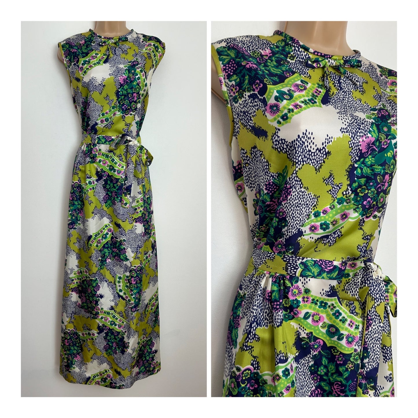 Vintage 1970s DL BARRON UK Size 14 Navy Blue Green & Pink Floral Print Sleeveless Belted Maxi Dress