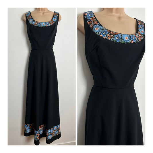 Vintage 1970s UK Size 14 Black Maxi Dress With Hand Painted Floral Blue Pattern