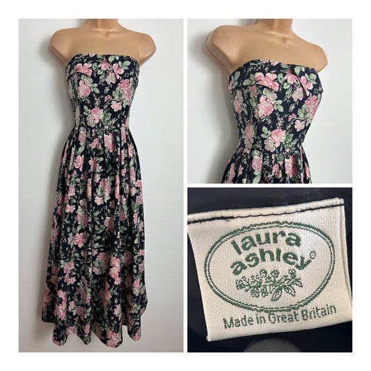 Vintage 1980s LAURA ASHLEY Size 10 (14 On Label) Black Pink & Green Floral Print Strapless Midaxi Dress