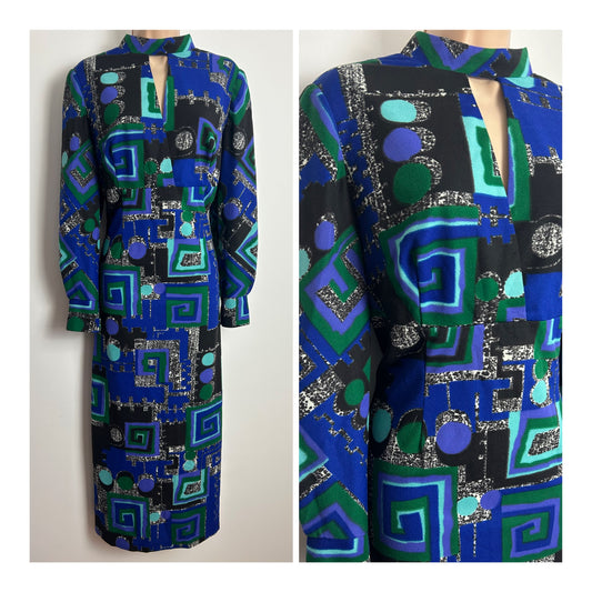 Vintage 1970s ELMOOR OF LONDON Size 14-16 Black Blue & Green Abstract Print Keyhole Split Neck Maxi Dress