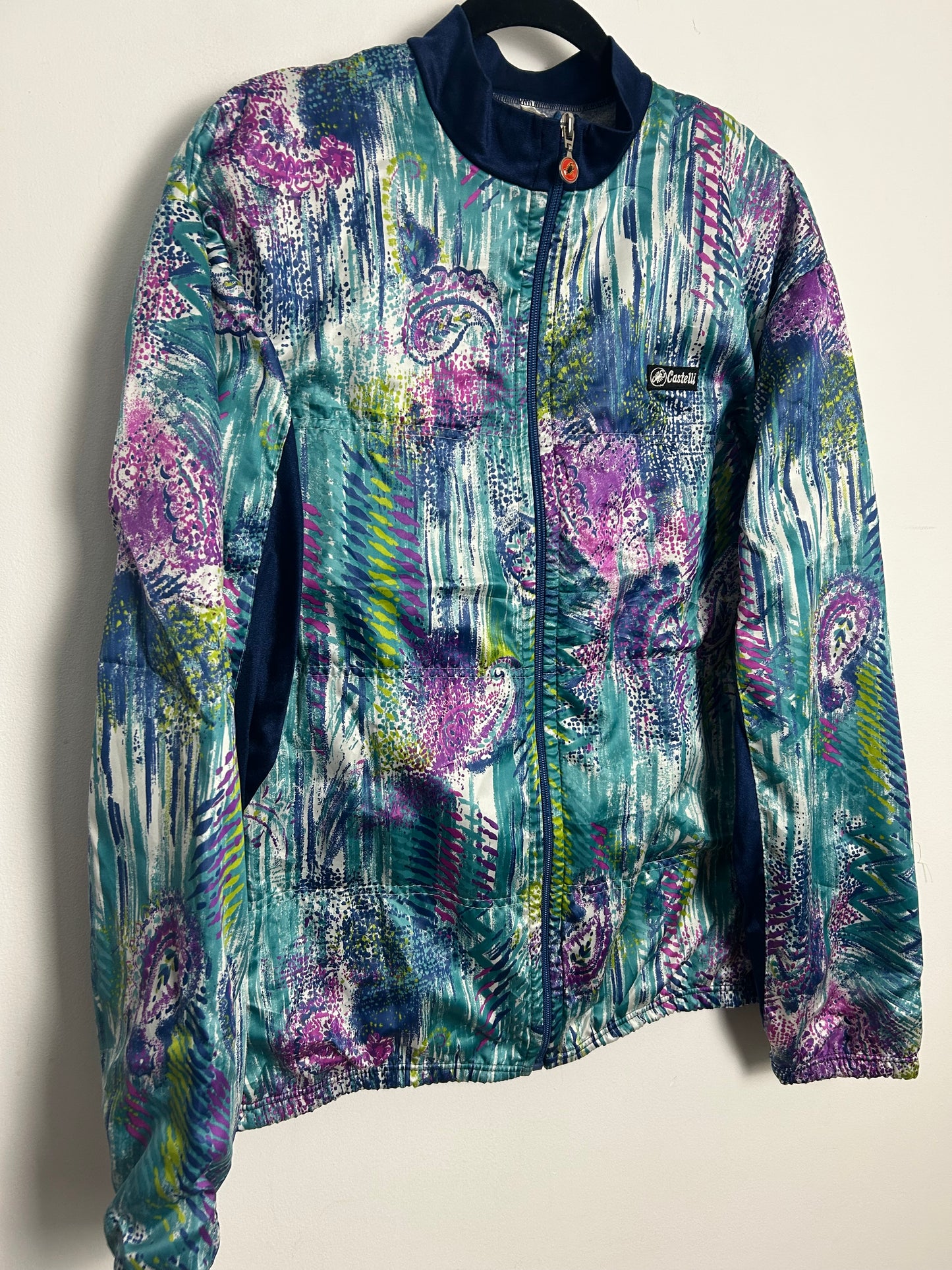 Vintage 1980s Up To Size 14 Italian CASTELLI Blue Turquoise & Pink Paisley Print Zip Fronted Activewear Cycling Top
