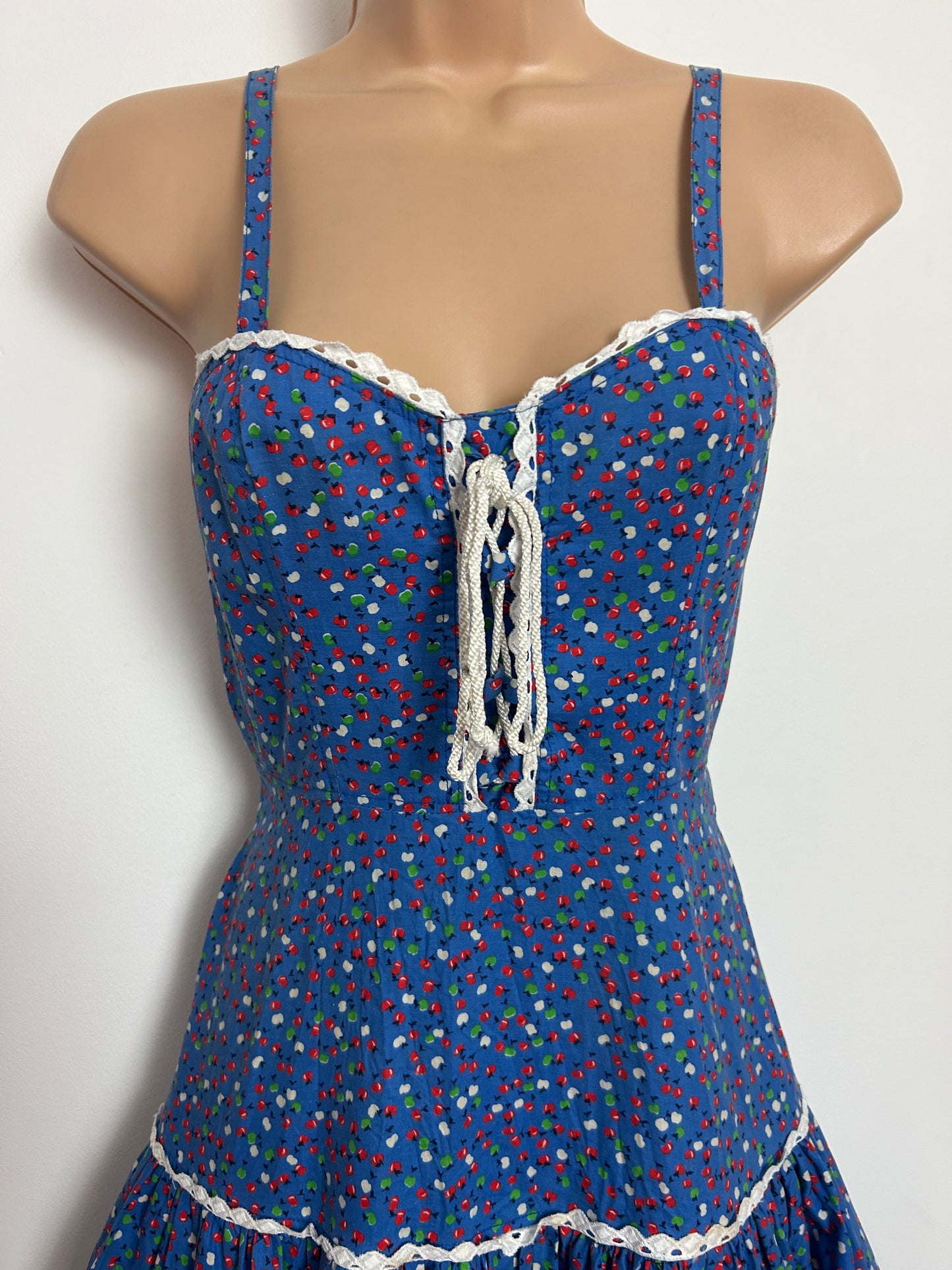Vintage 1970s DOLLY DOLLY Size 4-6 Blue Green Red & White Apple Print Lace Up Belted Summer Dress
