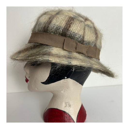 Vintage Brown & Beige Check Wool & Angora Mix Trilby Style Hat