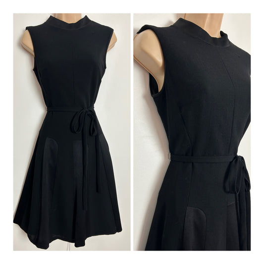 Vintage 1960s UK Size 8 Black Sleeveless Belted Fit & Flare Satin Panel Mod Dress