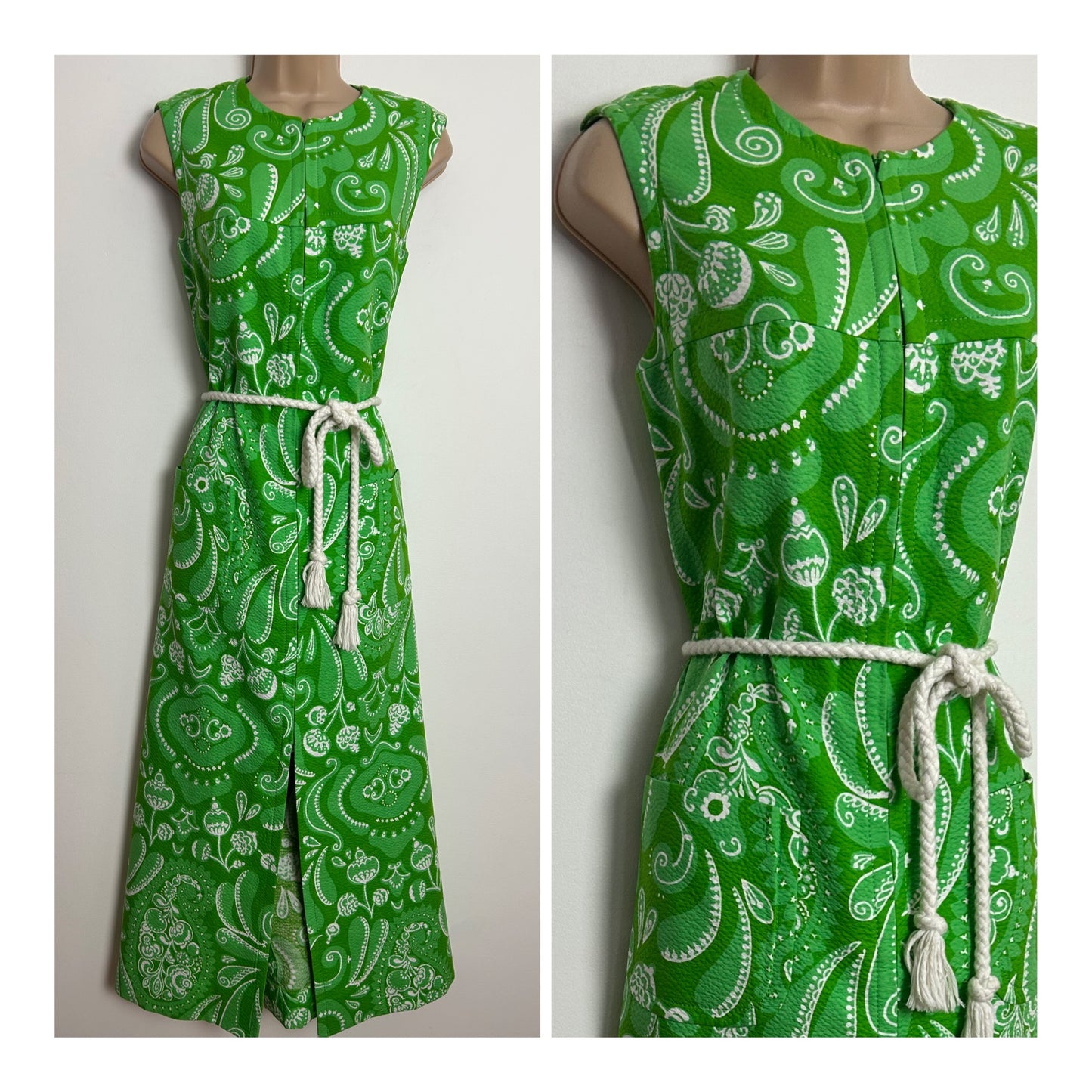 Vintage 1970s QUEILLER Size 10-12 Green & White Textured Cotton Floral & Paisley Print Belted Maxi Dress