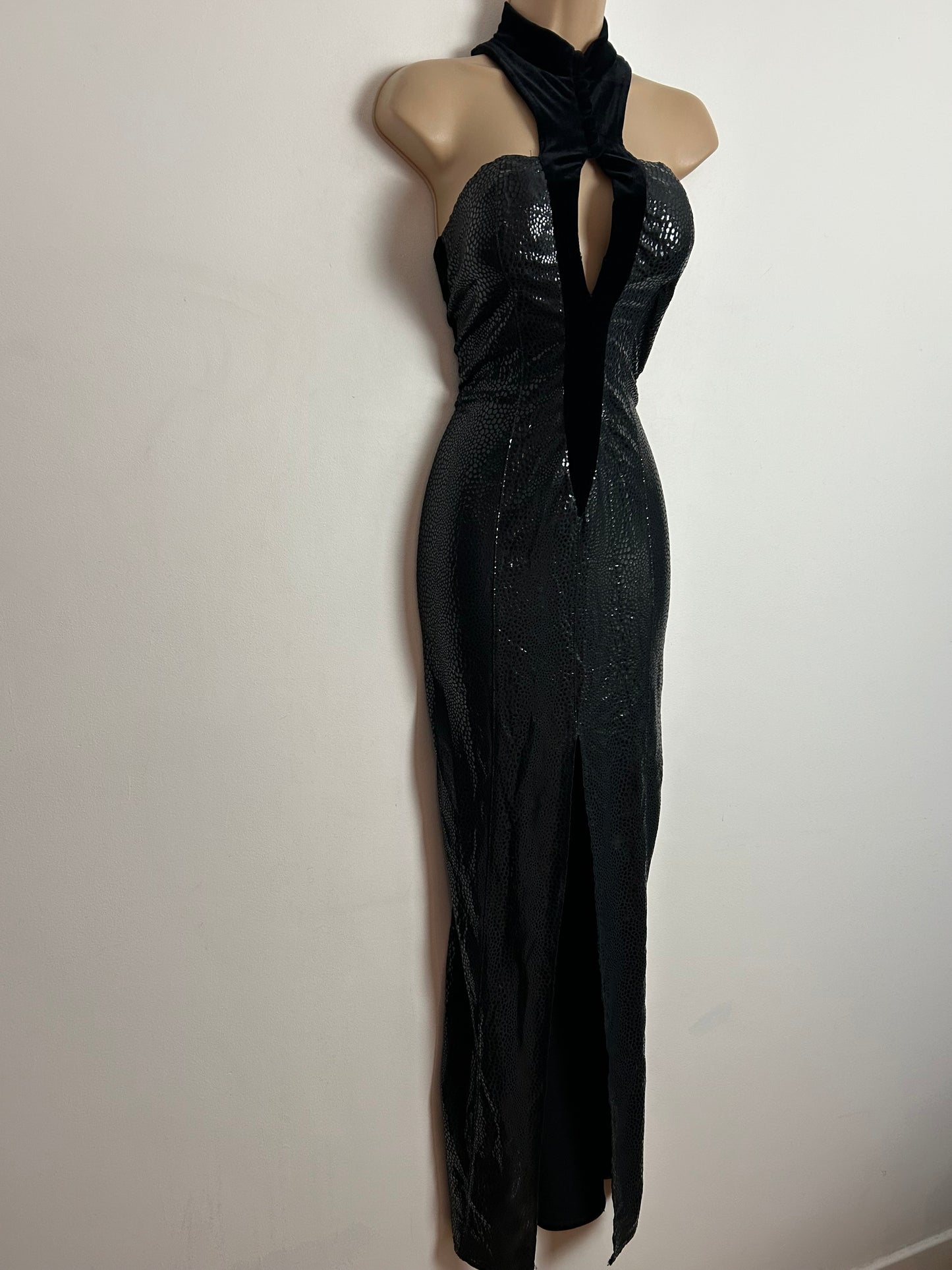 Vintage 1980s ROMEO POUR JULIETTE Paris UK Size 10 Black Velour & Snakeskin Evening Dress & Matching Open Back Jacket