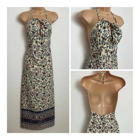 Vintage 1970s Size 6 Cream Brick Red & Blue Floral Print Halterneck Cotton Summer Maxi Dress