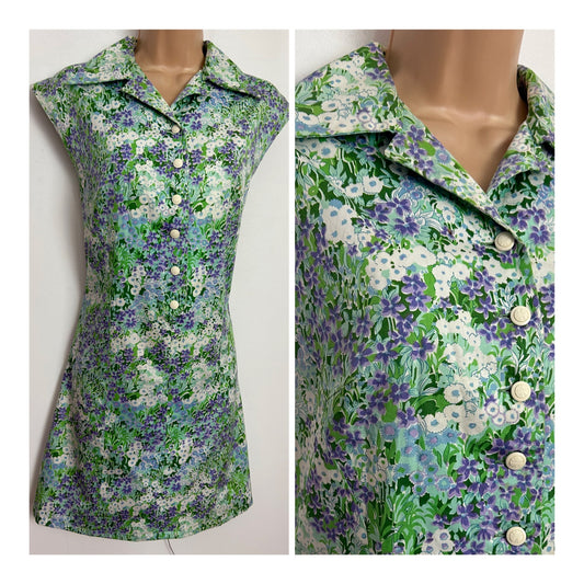 Vintage 1960s UK Size 8 Green White & Purple Floral Print Sleeveless Mod Shift Dress