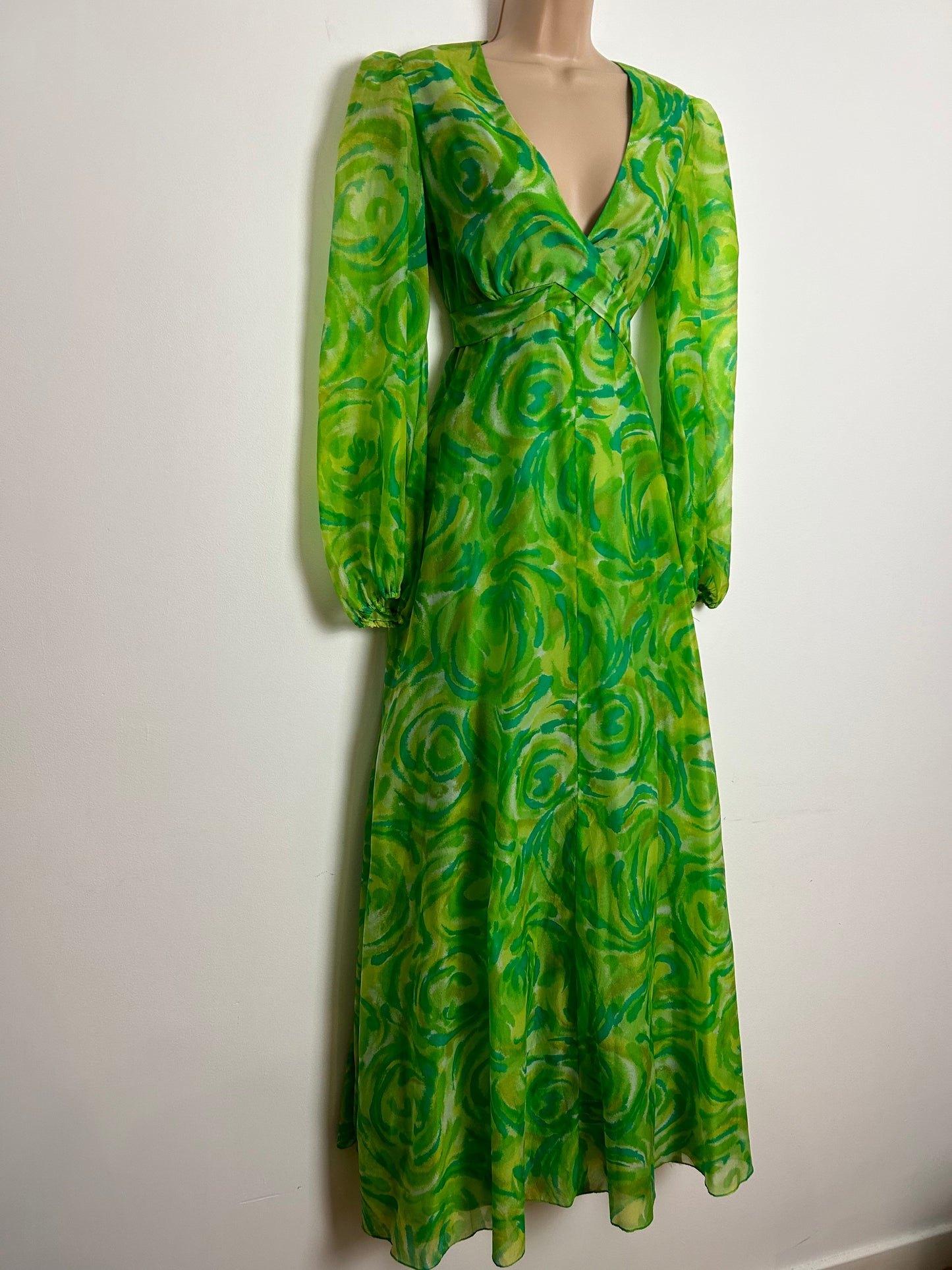 Vintage 1970s UK Size 12 Green Tones Abstract Print Wrap Tie Waist Long Sleeve Maxi Dress