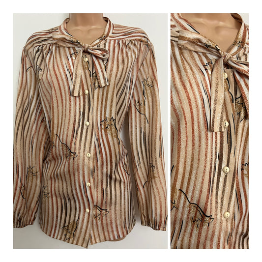 Vintage 1970s Size 14 Beige & Brown Tones Stripe & Floral Print Tie Neck Long Sleeve Blouse