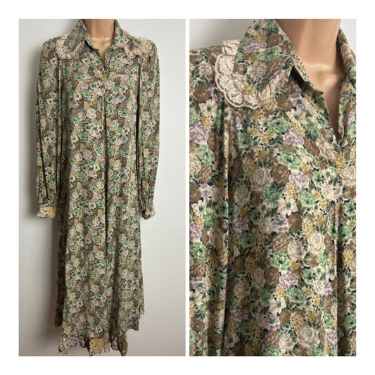 Vintage 1970s DOROTHY PERKINS Size 8 Green Brown & Beige Floral Print Lace Trim Smock Style Midi Dress