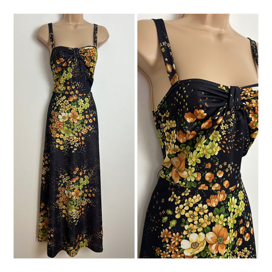 Vintage 1970s Size 6 Black Green & Tan Brown Floral Print Strappy Maxi Dress