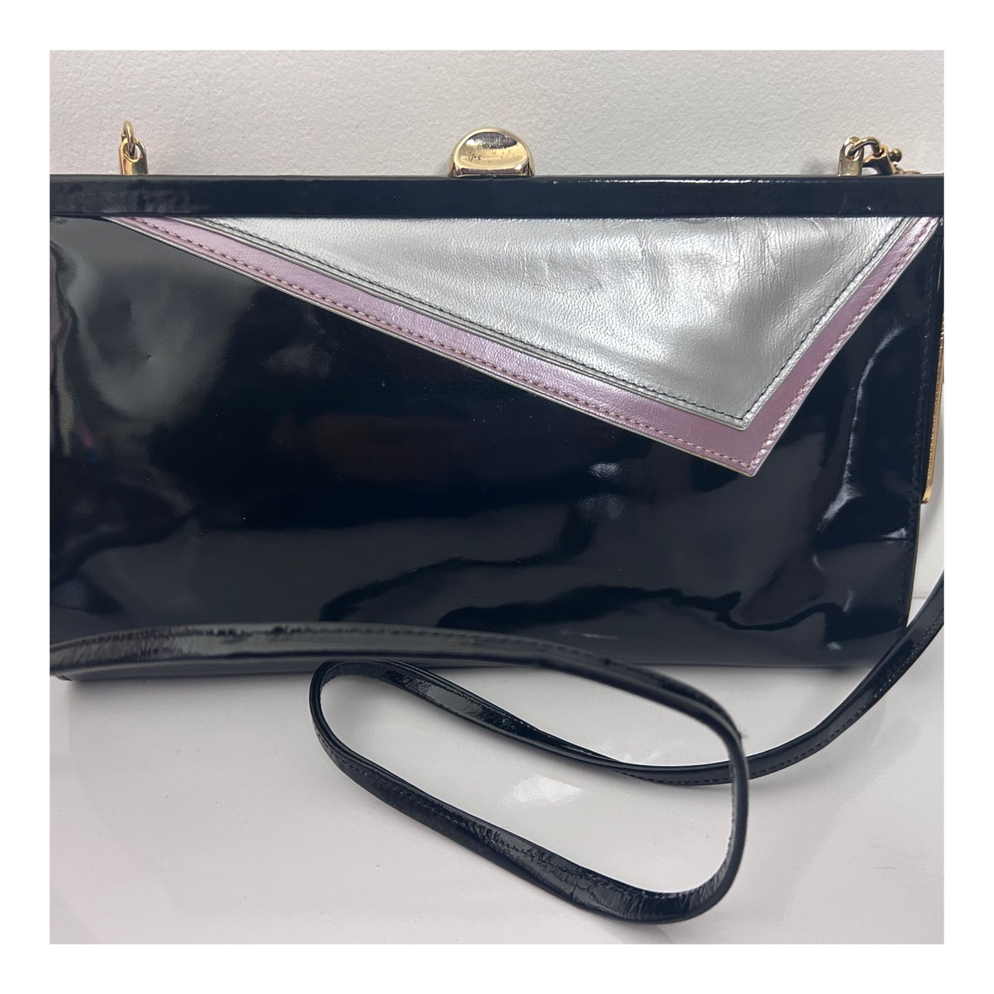 Vintage 1980s RENATA Italian Black Silver & Pink Patent Handbag With Removable Strap