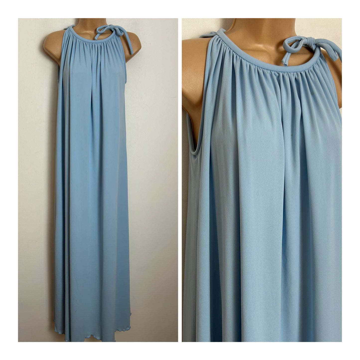 Vintage 1970s PETER BARRON Size 10 Powder Blue Tie Neck Trapeze Style Occasion Maxi Dress