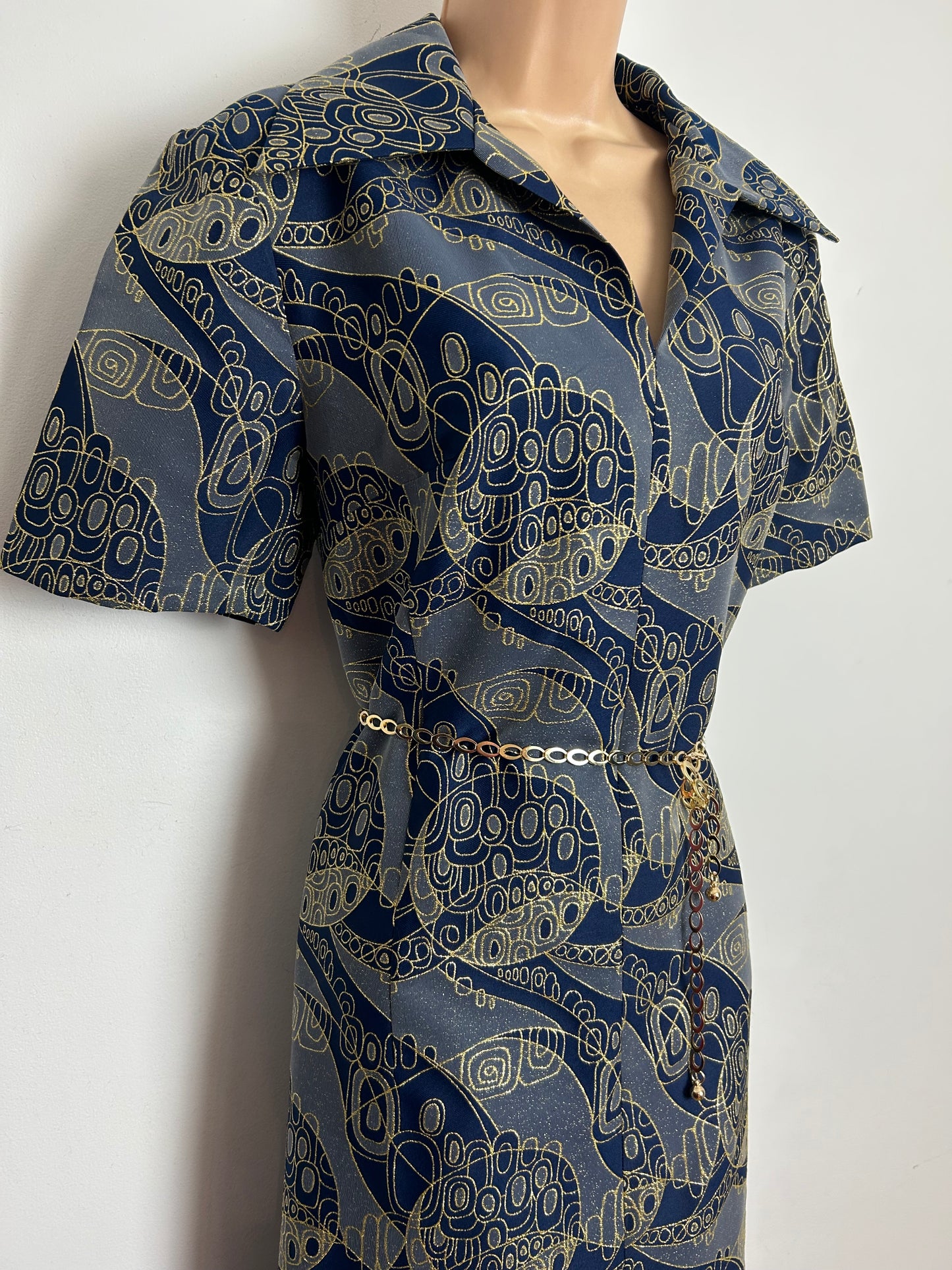 Vintage 1970s size 14 Blue & Gold Tones Abstract Print Belted Occasion Evening Maxi Dress