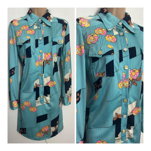 Vintage 1970s UK Size 10 Blue Pink White & Sandy Beige Floral & Stripe Print Long Sleeve Mod Dress