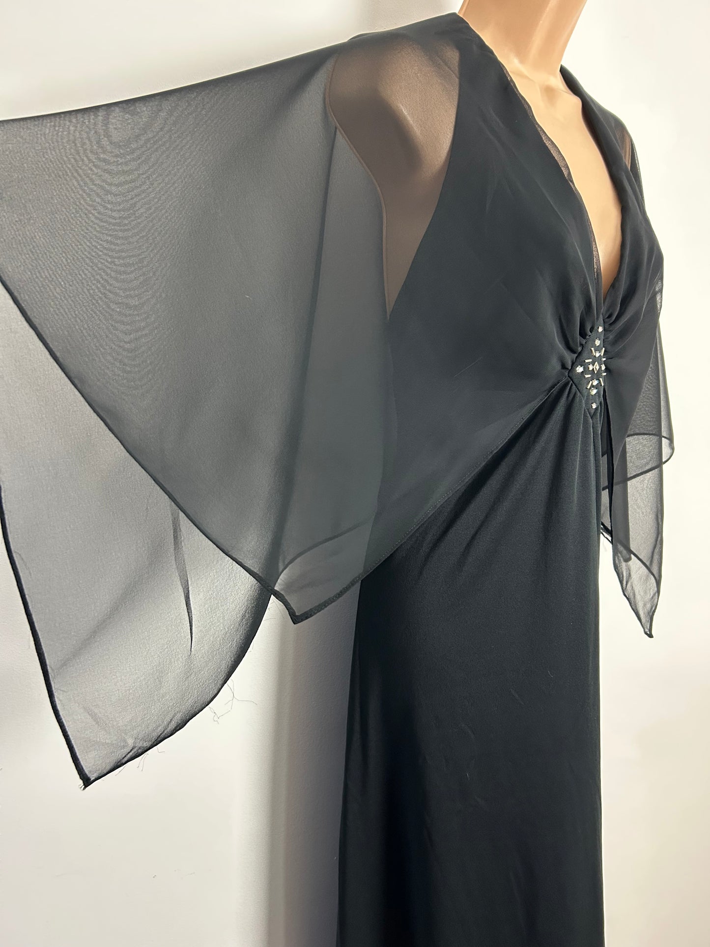 Vintage 1970s Size 10 Black Open Back Chiffon Floaty Cape Sleeve Diamante & Bead Detail Occasion Maxi Dress