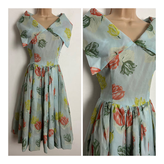 Vintage 1950s UK Size 6-8 Very Pale Duck Egg Blue Coral & Lemon Floral Print Nylon Wide Shawl Collar Prom Style Dress